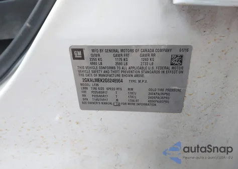 2016 GMC Terrain Sle-1 z USA, uszkodzony, nr VIN 2GKALMEK2G6248964